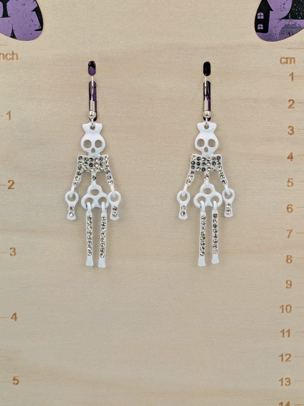 White Metal Rhinestone Skeleton Drop Earrings